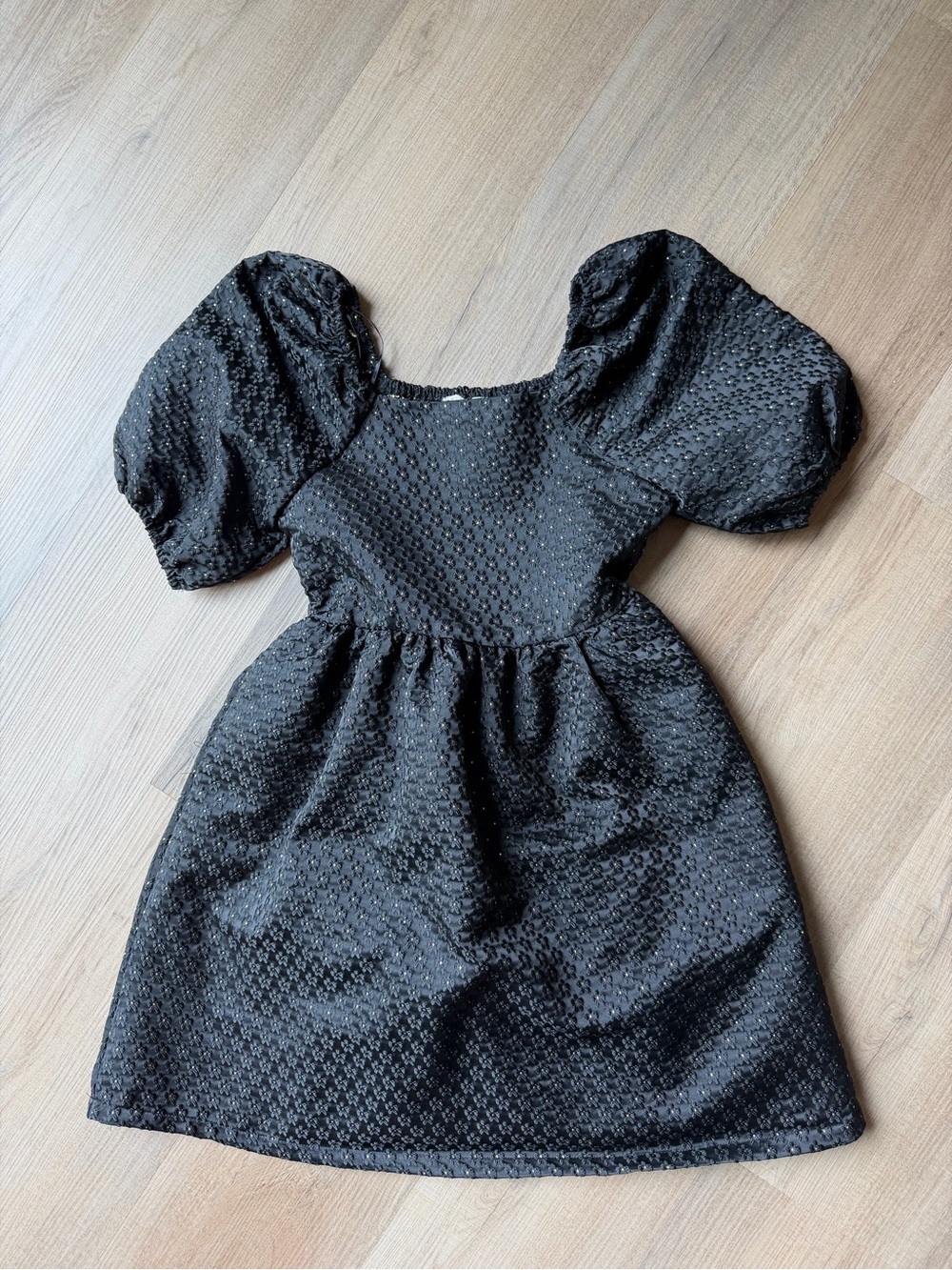 Copper Key Black Textured Puff-Sleeve Girl’s Dress